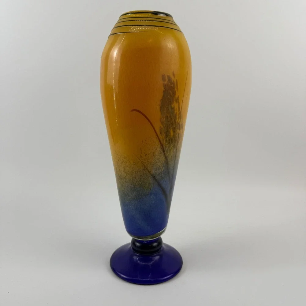 Art Glass Vase Amber Blue Cattail Reed Motif Pedestal Vase